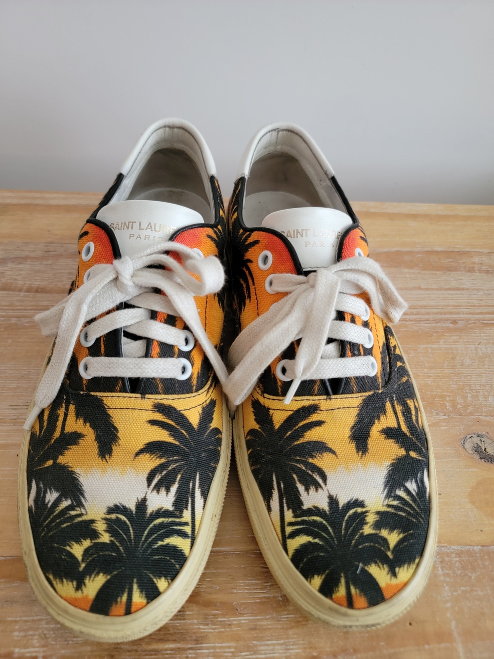 Saint Laurent Orange Palm-Print Canvas Sneakers Size 40.5
